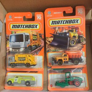 4_2023 MATCHBOX CARS MBX FIRE DASHER, PLOW MASTER, GARBAGE KING, AND ROAD ROLLER